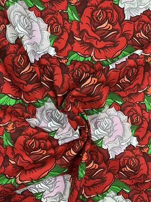 12 Metre Bolt Large Red Flowers Roses Printed 100% Cotton Craft Fabric • £24