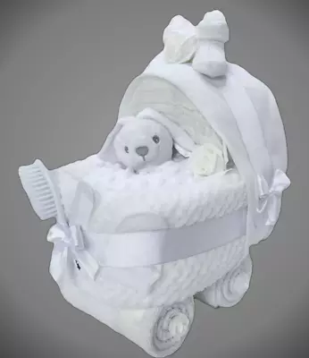 NAPPY CAKE PRAM Luxury Gift In  White & White For Baby Shower Or Maternity Gift. • £54.50