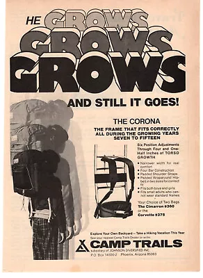 Camp Trails The Corona Backpack Bag Frame Hiking 1974 Vintage Print Ad Original • $7.49