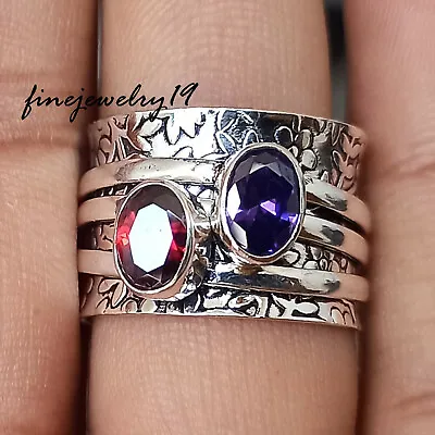 Amethyst Garnet Ring 925 Sterling Silver Spinner Ring Fidget Meditation Ring O16 • $10.67