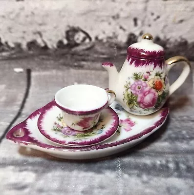 Vintage Ceramic Miniature Floral Tea Set Teapot Teacup Saucer Tray Made In Japan • $18.99