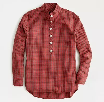 J. Crew Dabir Jeweled Button Red Plaid Popover Top Size 6 Medium M34 • $22