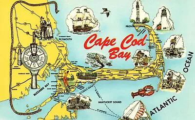 Vintage Postcard Large Letter Cape Cod Bay Massachusetts Map Atlantic Ocean MA • $8.97