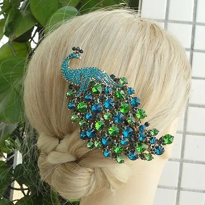 Vintage Headpiece Turquoise Rhinestone Crystal Peacock Hair Comb FSE05651C2 • $17.05