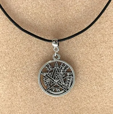 Tetragrammaton Pentagram Good Luck Amulet Pendant Black Leather Cord Necklace • £4.75