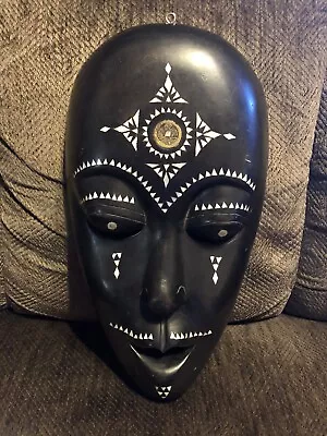 Tribal Hand Crafted Wood Mask Mother Of Pearl Gold Medallion 13” Tall  • $65