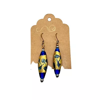 Vintage Art Glass Earrings Murano Gold Foiled Blue Bead Dangles Elongated Drops • $25