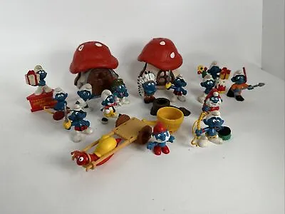2 Vintage Mushroom Smurf Houses Peyo Schleich 15 Figures And More Snail Native+ • $99.98