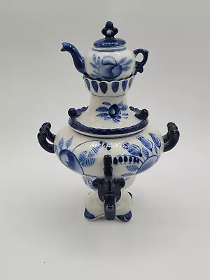 Vintage Russian USSR Handmade Porcelain GZHEL Cobalt Blue And White Samovar • $42.49