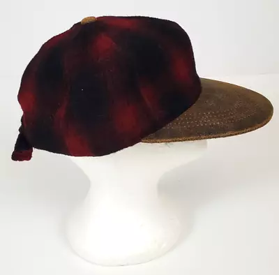 NOS Vintage Wool Leather Visor & Button Hunting Strapback Hat Red Black Plaid • $45