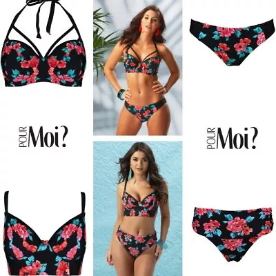 Pour Moi Reef Underwired Longline TopPadded Top Fold Or Bikini Brief Black/Red • £18