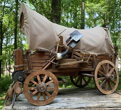 $50 • Buy VTG Folk Art Wooden WESTERN Covered Wagon Model Conestoga Wagon Wood & Metal 20”