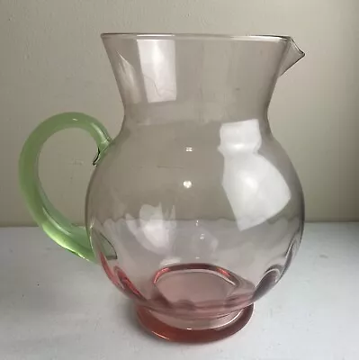 Vintage Watermelon Glass Pitcher Pink Optic Swirl Green Applied Handle 9” Tall • $74.97