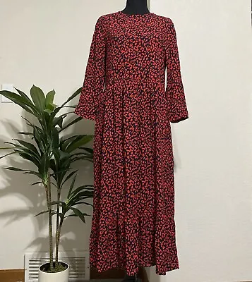 Zara Red Leopard Print Midi Dress Size M 3/4 Sleeve Ruffle Flowy Valentines • $24.49