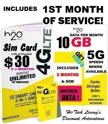 H2o H20 Wireless Sim ⭐ $30 Month Included ⭐ Unlimited T/t ⭐ Now ✅ 10 Gb Data!! • $19.95