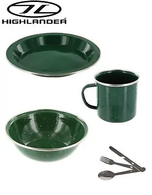 Camping GREEN ENAMEL Cook Dining Set Mug Bowl Plate + Cutlery Set • £14.95