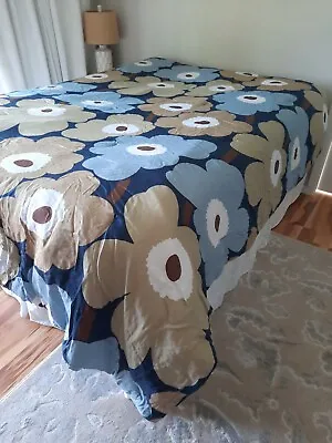 Marimekko Unikko Large Floral Comforter Blue Tan Brown Floral Queen Size • $99.95