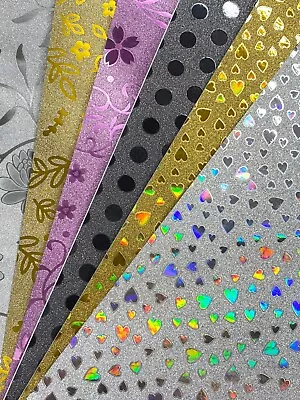 12 X A4 Sheets Multi Pack Sparkly Self Adhesive Glitter Paper 80gsm 6 Designs • £4.35