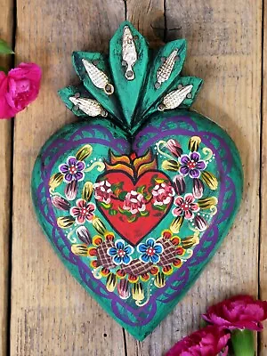 Heart Wood Hand Painted Sacred Green Milagros Handmade Pátzcuaro Mexico Folk Art • $29