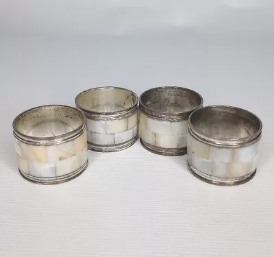 Silver Tone Mother Of Pearl Wide Napkin Rings Set Of 4 • $19.99