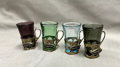 Vintage Set 4 Shot Glasses Osaka Glass Wares W/Metal Holders Souvenir Freeport • $14.98