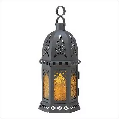 SET 2 YELLOW Glass & Metal Moroccan Candle Lanterns Tealight Holders Decoration • $18.55