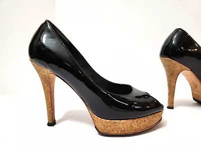 Cole Haan Mariela Black Patent Peep Toe Cork Platform Stiletto Heels Size 8B • $25