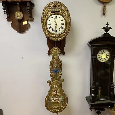 $999.99 • Buy ATQ 1850 French Morbier Hand Painted Brass Comtoise 54  Wall Clock W/ 2 Weights