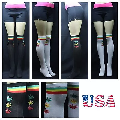 Slim Unisex Under The Knee High Socks Weed Leaf Rasta Stripes Hemp Black White • $8.95