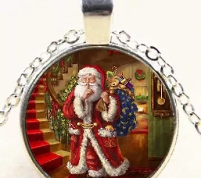 SANTA HOLIDAY CHRISTMAS Silver 20  Necklace Glass Pendant Charm Female FREE BOX • $18.88