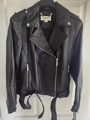 Michael Michael Kors Women's Black Leather Belted Pockets Full Zip Moto Jacket • $175