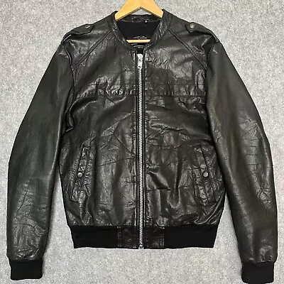 All Saints Leather Jacket Bomber Black Men's Large Krush Zip-up Coat Motor Mod • £95