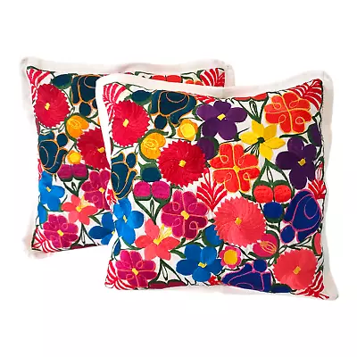 NEW Set Of 2 Mexican Pillow Covers Oaxaca Handmade Floral Embroidered 19 X19  • $60