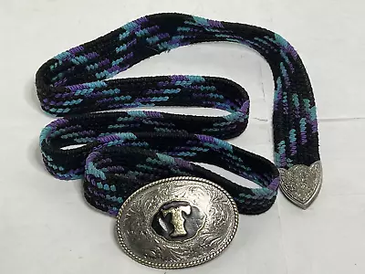 Vintage Montana Silversmiths Silver Western Buckle W/ T Initial Nylon Woven Belt • $39.99