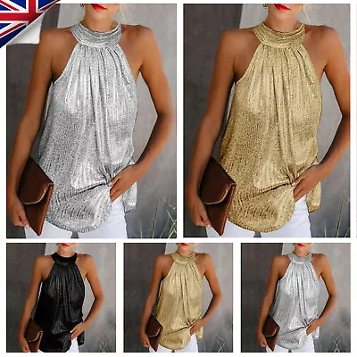 £7.59 • Buy Women Glitter Strappy Halter Neck Cami Vest Evening Party Tops-Sleeveless Blouse