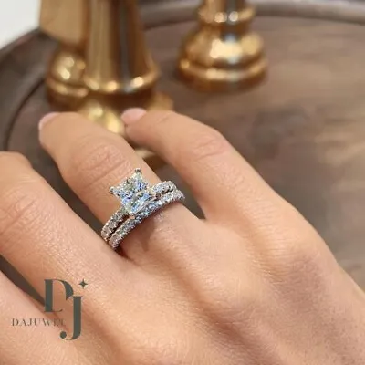Princess Cut 3 Carat Moissanite Bridal Set Engagement Ring Solid 14K White Gold • $228.81