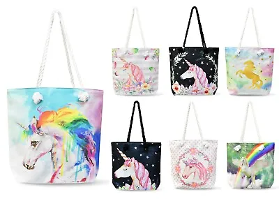 Colourful Ladies Unicorn Rainbow Shoulder Bag Canvas Tote Bag Holiday Beach Bag • £8.95