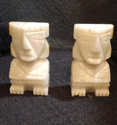 2 Vintage Mid-Century Carved Marble Onyx Aztec Mayan Tiki Stone Bookends Statues • $39.99
