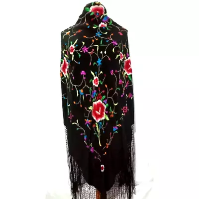 Antique Silk Shawl Wrap Piano Scarf  HAND EMBROIDERED FLORAL WITH FRINGE. • $225