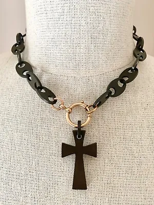 Antique Victorian Mourning Black Vulcanite Chain Cross Pendant Necklace • $450