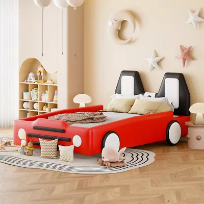 Car-Shaped Platform Bed W/ Wheels Twin Size Bed Frame Kids Floor Bed Bedroom Set • $369.99