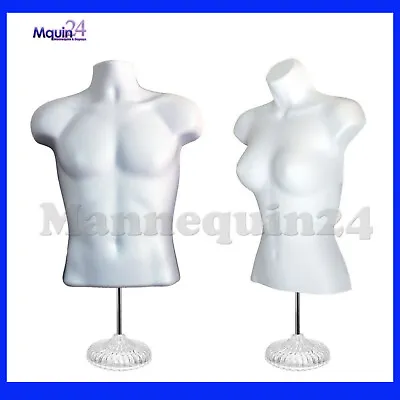 WHITE MANNEQUIN MALE & FEMALE DRESS FORMS With 2 TABLE TOP STANDS + 2 HANGERS • $78.85