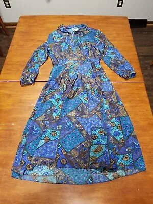 Vintage Malia Of Honolulu Womens Blue Dress Colorful Floral Polyester Sz 14  • $55