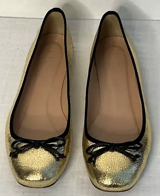 J.CREW Lily Ballet Flats Shoe Crackled Leather Size 8 Gold Black Bow Prom Preppy • $32