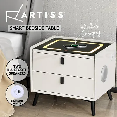 Artiss Smart Bedside Table 2 Drawers With Wireless Charging Ports LED Lights • $135.95