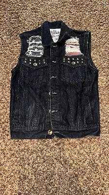 Agile Denim Distressed Mens Size Medium Button Sleeveless American Flag Vest • £33.26