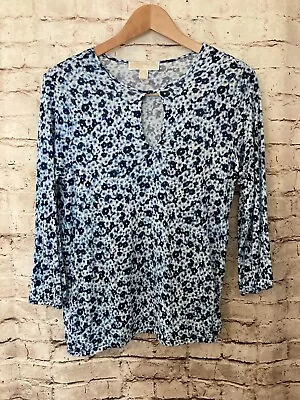 Michael Michael Kors Shirt Womens Small Navy Blue Floral Keyhole Neck Stretch • $18.04