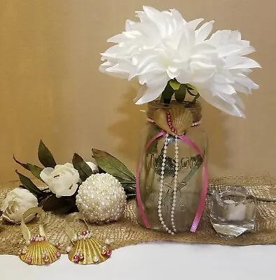 Mason Jar Vase  Wedding Centerpiece  Seashells And Pearls  Beach Theme Wedding  • $12.99