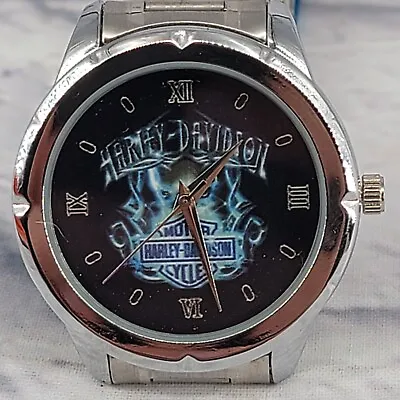 Harley Davidson Watch 43mm Bezel Blue Flames Cycles Stainless Strap 9  New Bat • $50.99