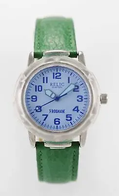 Relic Watch Mens Blue Stainless Steel Silver Green Leather Easy Read 50m Quartz • $29.94